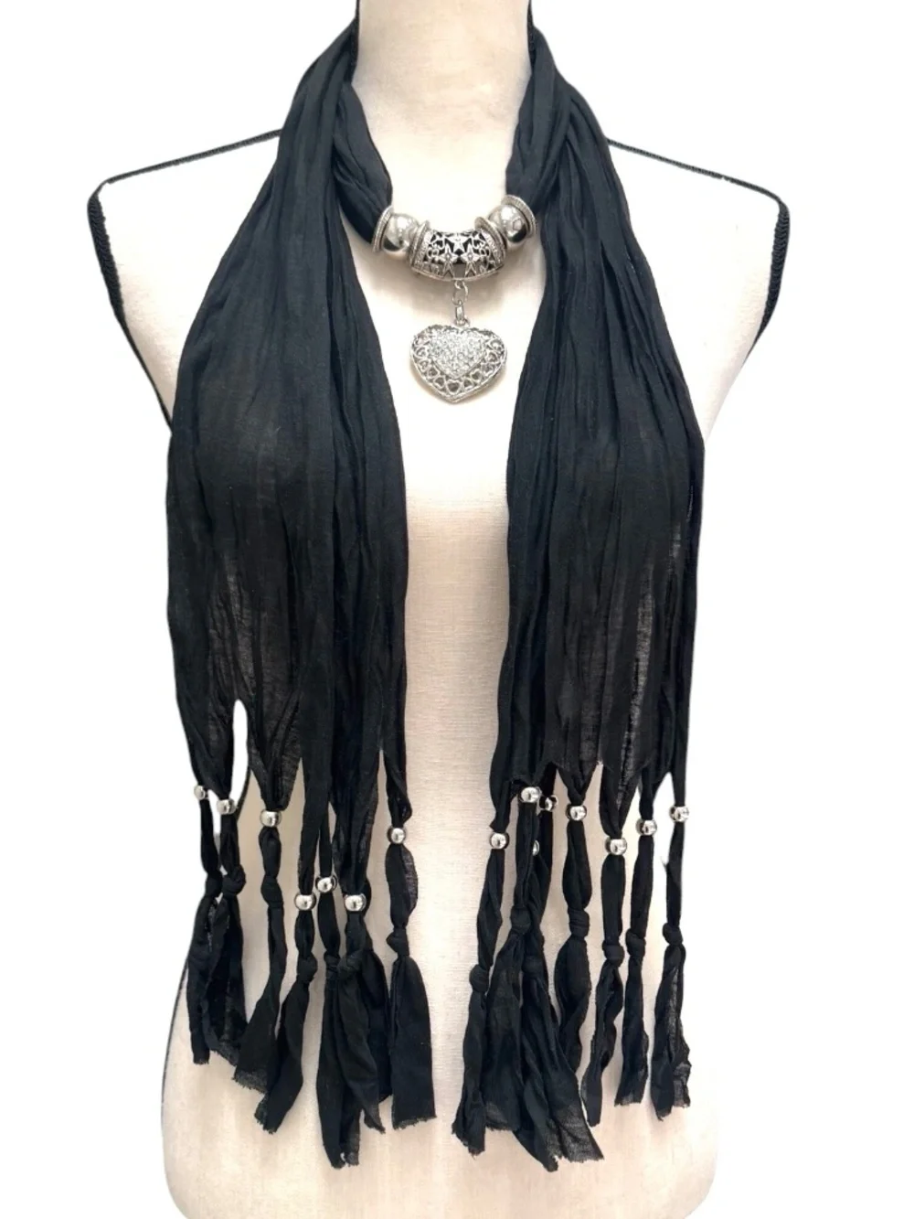 VINTAGE BARNEYS NEW YORK BLACK JEWELRY SCARF W HEART PENDANT & METAL ACCENTS